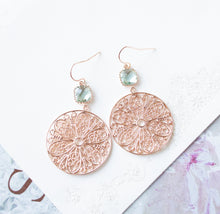 Load image into Gallery viewer, Light Aqua Blue Earrings in Rose Gold, Rose Gold Filigree Hoop Earrings, Aquamarine Earrings, March Birthstone, Birthday Gift for Her Women
