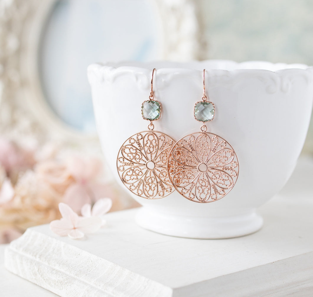 Light Aqua Blue Earrings in Rose Gold, Rose Gold Filigree Hoop Earrings, Aquamarine Earrings, March Birthstone, Birthday Gift for Her Women