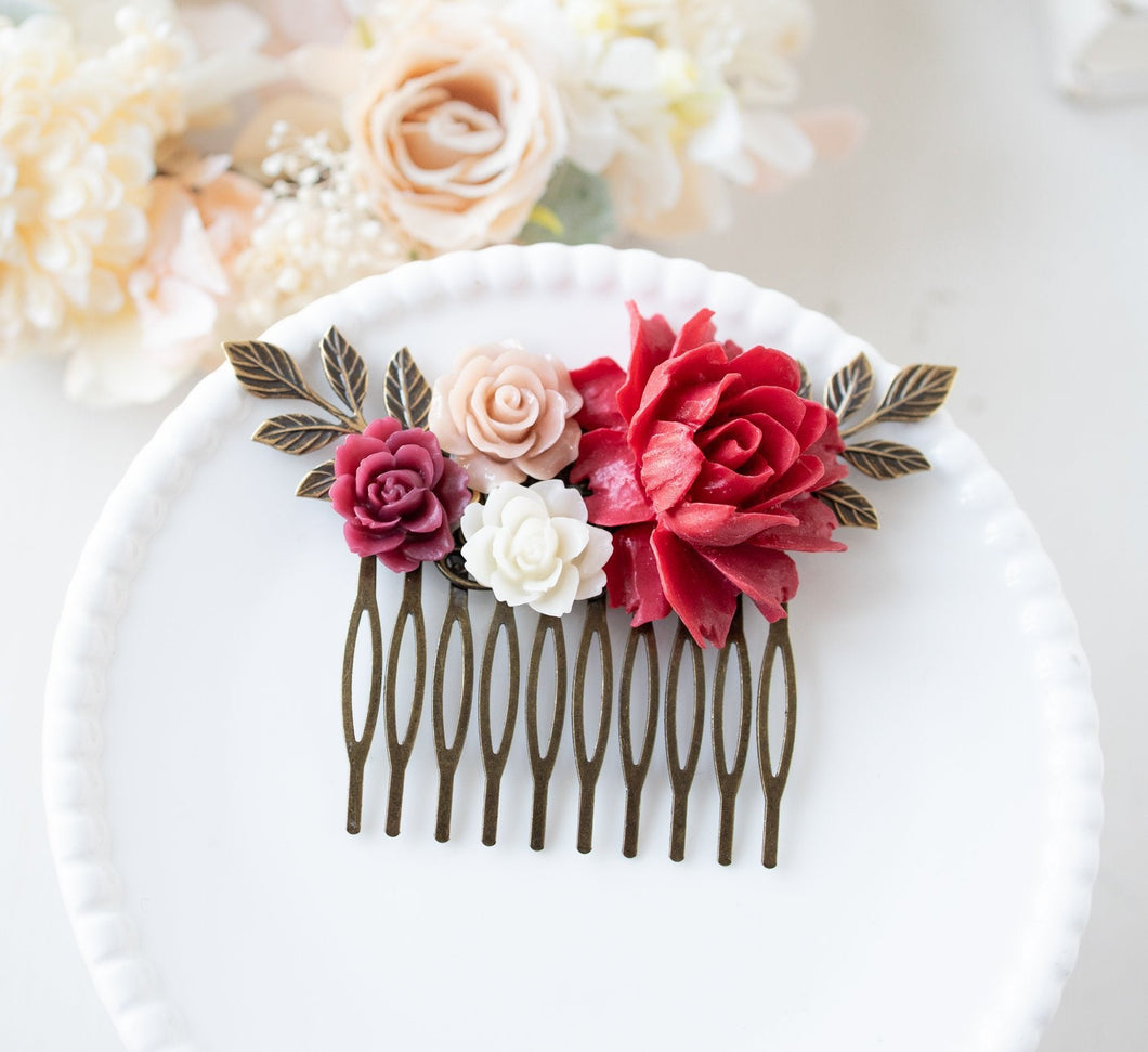 Red Wedding Bridal Hair Comb, Red Peony Dusty Pink Rose Burgundy Ivory Flower Hair Comb, Antiqued Gold leaf, Maid of Honor Bridesmaid Gift