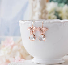 Load image into Gallery viewer, Rose Gold Earrings, Bridal Earrings, Rose Gold Wedding Jewelry, Bridesmaid Earrings Gift, Orchid flower Clear Crystal, April Birthstone
