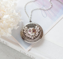 Load image into Gallery viewer, Silver Owl Locket Necklace, Owl Jewelry, February Birthstone Amethyst Purple Necklace, Personalized Photo Locket, February Birthday Gift
