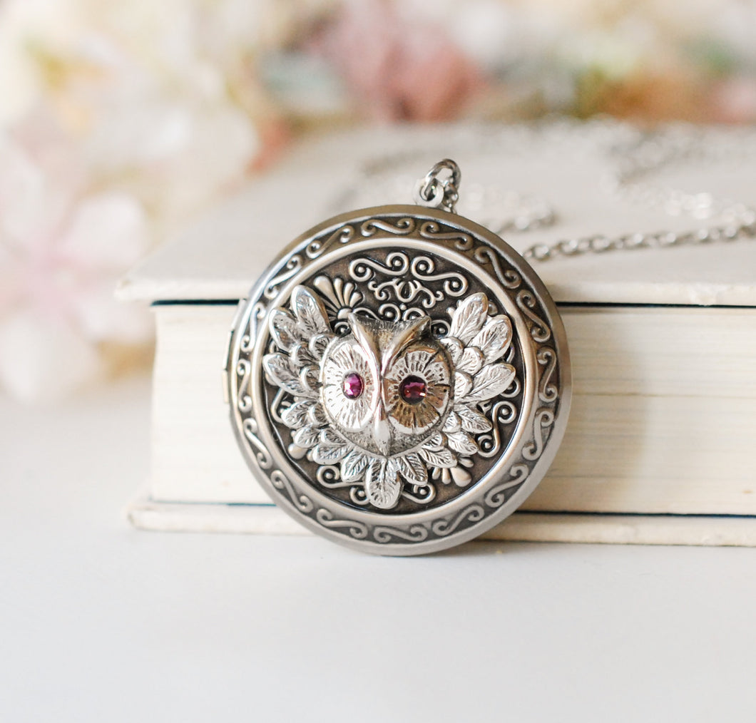 Silver Owl Locket Necklace, Owl Jewelry, February Birthstone Amethyst Purple Necklace, Personalized Photo Locket, February Birthday Gift