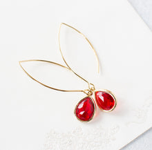 Load image into Gallery viewer, Red Earrings, Siam Ruby Gold Long Dangle Earrings, Red Wedding Jewelry, Bridesmaid Gift, Red Teardrop, Anniversary Birthday Gift for Her
