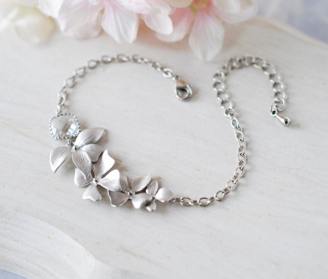 Clear Crystal Silver Bridal Bracelet, Orchid Flower Adjustable Bracelet, Gift for bride, Gift for Flower Girl, Bridesmaid Maid of Honor Gift