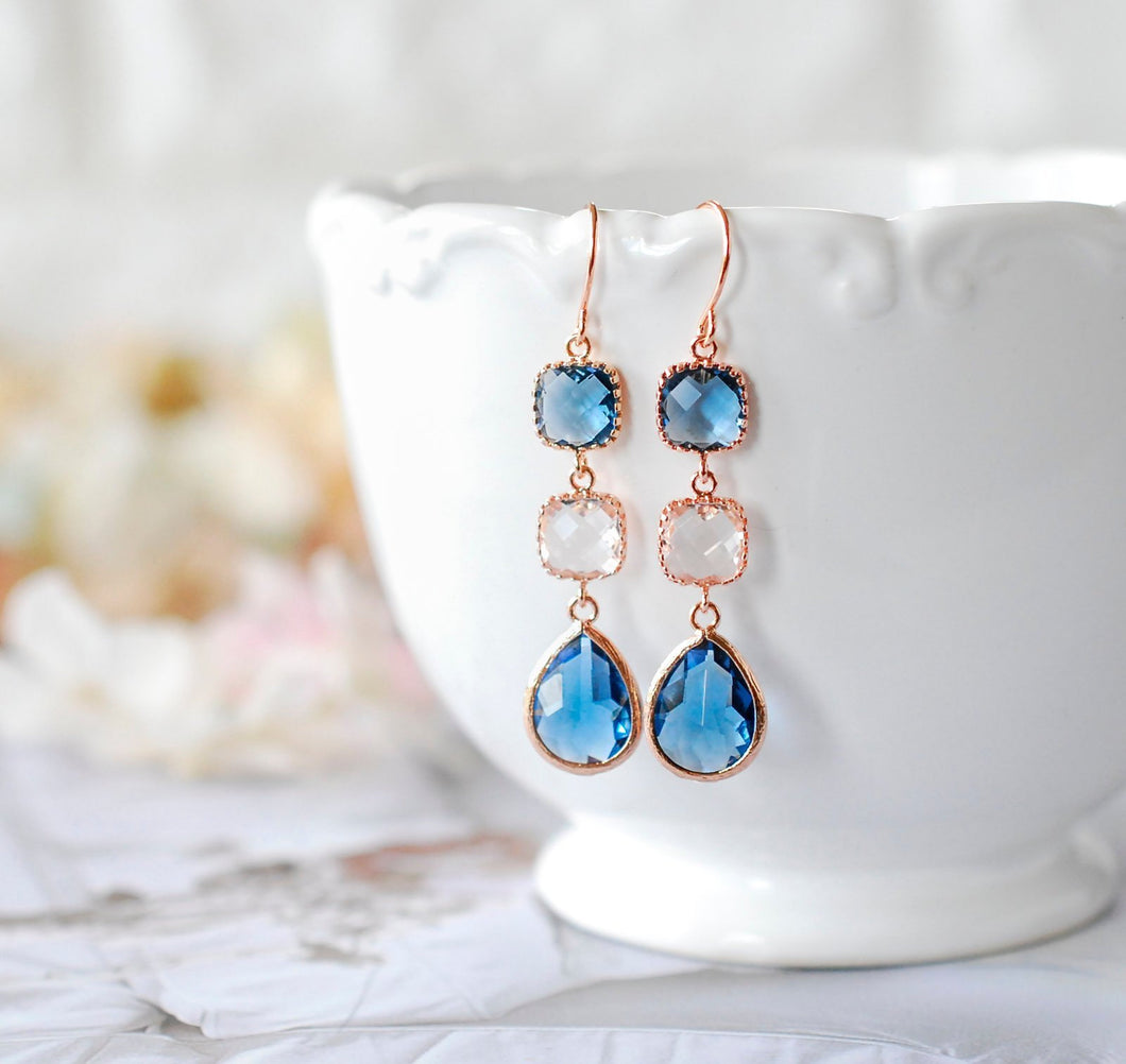 Montana Sapphire Navy Blue Clear Crystal Dangle Earrings in Rose Gold, September Birthstone, Navy Blue Wedding Jewelry, Bridesmaid Gift