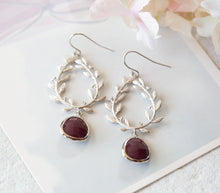 Load image into Gallery viewer, Silver Leaf Wreath Burgundy Earrings, Dark Red Earrings, Burgundy Wedding Jewelry, Bridesmaid Earrings, Maid of Honor Gift, Gift for Mom
