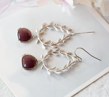 Load image into Gallery viewer, Silver Leaf Wreath Burgundy Earrings, Dark Red Earrings, Burgundy Wedding Jewelry, Bridesmaid Earrings, Maid of Honor Gift, Gift for Mom
