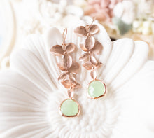 Load image into Gallery viewer, Rose Gold Flower Long Dangle Earrings, Mint Green Earrings, Orchid, Wedding Bridal Earrings, Anniversary Gift Birthday Gift for Women
