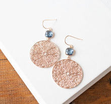 Load image into Gallery viewer, Rose Gold and Navy Blue Earrings, Large Circle Filigree Earrings, Dark Sapphire Montana Blue Earrings, September Birthstone, Gift for her
