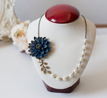 画像をギャラリービューアに読み込む, Navy Blue Flower Necklace, Cream White Pearls Antiqued Gold Bird and Leaf Statement Necklace, Navy Blue Wedding Jewelry, Gift for Mom Wife
