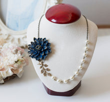 画像をギャラリービューアに読み込む, Navy Blue Flower Necklace, Cream White Pearls Antiqued Gold Bird and Leaf Statement Necklace, Navy Blue Wedding Jewelry, Gift for Mom Wife
