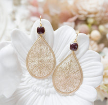 Load image into Gallery viewer, Large Gold Filigree Earrings, Burgundy Earrings, Teardrop Statement Earrings, Bohemian Boho Earrings, Dark Garnet Red Earrings, Boho Wedding
