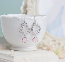 Load image into Gallery viewer, Blush Pink Crystal Silver Laurel Wreath Earrings, Blush Pink Wedding Bridesmaid Earrings
