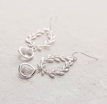 Load image into Gallery viewer, Silver Bridal Earrings, Bridesmaid Earrings, Bridal Party Gift, Laurel Wreath with Clear Crystal Chandelier Earrings, Boho Wedding
