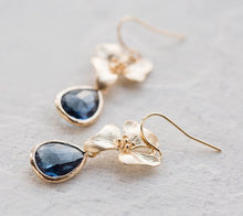 Load image into Gallery viewer, Navy Blue Earrings, Gold Flower Dark Sapphire Dangle Earrings. Navy Wedding Jewelry, Something Blue, Bridesmaid Gift, September Birthstone
