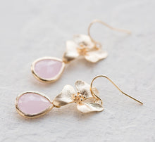 Load image into Gallery viewer, Gold and Blush Pink Earrings, Flower Dangle Earrings, Soft Pink Drop Earrings, Blush Wedding Bridesmaid Earrings, Gift for daughter sister
