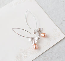 Load image into Gallery viewer, Peach Pearl Drop Earrings, Silver Flower Long Dangle Earrings, Peach Wedding Bridal Earrings, Bridesmaid Gift, Gift for Daughter Wife Mom
