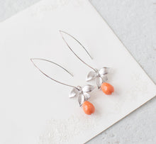 Load image into Gallery viewer, Coral Pearl Earrings, Orange Pearl Earrings, Silver Flower Dangle Earrings, Coral Wedding Bridal Jewelry, Bridesmaid Gift, Gift for Her
