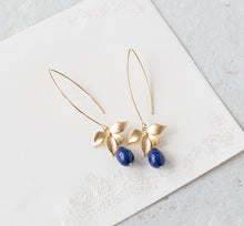 Load image into Gallery viewer, Gold Navy Blue Earrings, Lapis Lazuli Blue Pearl Earrings, Flower Dangle Earrings, Gold Navy Blue Wedding Bridal Bridesmaid Earrings
