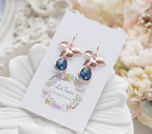 Load image into Gallery viewer, Rose Gold Navy Blue Sapphire Blue Teardrop Crystal Earrings, Rose Gold Wedding Bridal Earrings, Navy Blue Wedding Jewelry, Bridesmaid Gift
