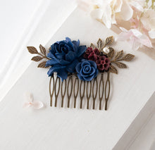 Load image into Gallery viewer, Navy Blue Burgundy Wedding Hair Accessory, Bridal Hair Comb, Antiqued gold Leaf Pearl Rose Flower Hair Comb, Bridesmaid Gift, Gift for her
