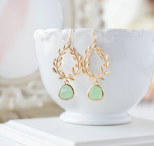 Load image into Gallery viewer, Mint Green Earrings, Gold Leaf Wreath Dangle Earrings, Laurel Wreath, Mint Wedding Bridesmaid Earrings, Anniversary Birthday Gift for Her
