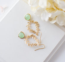 Load image into Gallery viewer, Mint Green Earrings, Gold Leaf Wreath Dangle Earrings, Laurel Wreath, Mint Wedding Bridesmaid Earrings, Anniversary Birthday Gift for Her
