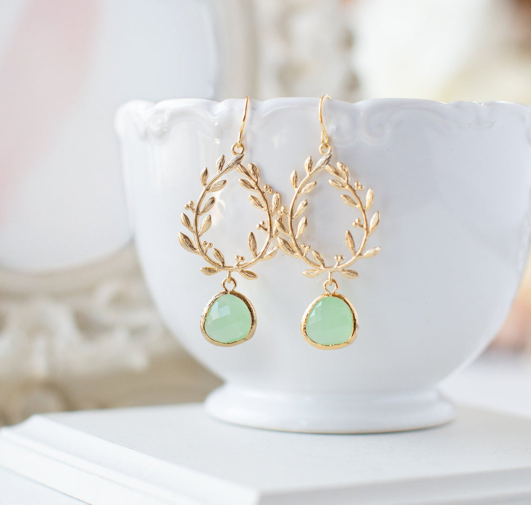 Mint Green Earrings, Gold Leaf Wreath Dangle Earrings, Laurel Wreath, Mint Wedding Bridesmaid Earrings, Anniversary Birthday Gift for Her