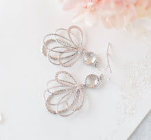 Load image into Gallery viewer, Clear Crystal Silver Dangle Earrings, Fan Shaped Filigree Chandelier Earrings, Wedding Jewelry, Bridal Earrings, Bridesmaid gift
