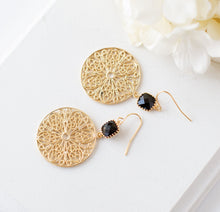 Load image into Gallery viewer, Gold and Black Earrings, Jet Black Gold Filigree Earrings, Gold Statement Earrings, Gold Mesh Round Circle Earrings, Boho Chic, Gift for Her
