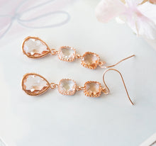 Load image into Gallery viewer, Peach Champagne Clear Crystal Dangle Earrings, Rose Gold Earrings, Peach Wedding Jewelry, Christmas Party Earrings, Gift for Her
