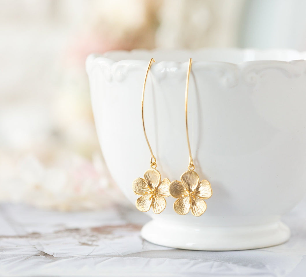 Gold Flower Long Dangle Earrings, Cherry Blossom Earrings, Gift for Her, Birthday Gift for Sister Daughter Girlfriend, bridesmaid gift