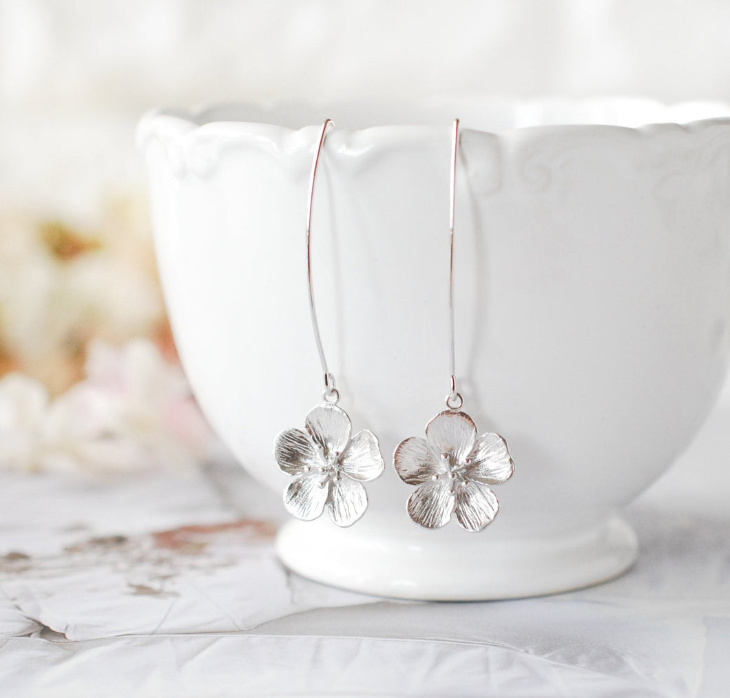 Silver Cherry Blossom Flower Long Dangle Earrings, Wedding Jewelry Bridesmaid Gift, Gift for Her, Birthday Gift for wife Daughter Girlfriend