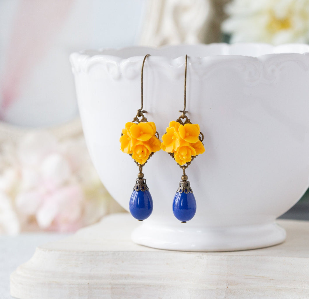 Yellow and Blue Earrings, Lapis Blue Teardrop Pearl Yellow Flower Dangle Earrings, Yellow Blue Wedding Bridesmaid Gift, Gift for women girls