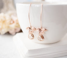 Load image into Gallery viewer, Rose Gold Earrings, Orchid Flower Long Dangle Earrings, Champagne Earrings, Peach Wedding Jewelry, Bridesmaid Gift, Gift for women Her
