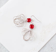 Load image into Gallery viewer, Red Earrings, Silver Filigree Dangle Earrings, Red Wedding Bridesmaid Earrings, Silver Feather Chandelier Earrings, Birthday Gift for Her
