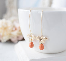 Load image into Gallery viewer, Orange Coral Pearl Earrings, Gold Orchid Flower Dangle Earrings, Coral Wedding Jewelry, Bridesmaid Gift, Gift for Wife Daughter Sister Mom
