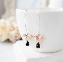 Load image into Gallery viewer, Rose Gold Flower Long Dangle Earrings with Black Teardrop Pearls
