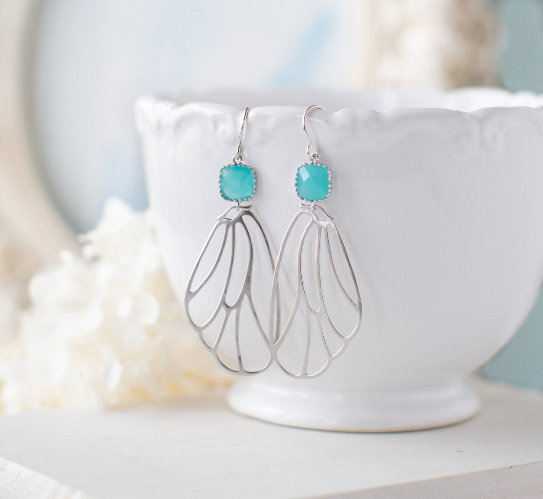 Turquoise Blue Earrings, Silver Wing Earrings, Butterfly Wing, Fairy Wing, Wing Jewelry, Gift for Women, Birthday Gift for Her