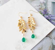 Load image into Gallery viewer, Gold Leaf Green Onyx Earrings, Branch Earrings, Emerald Green Teardrop Gemstone Dangle Earrings, May Birthstone, Birthday Gift for Women Her
