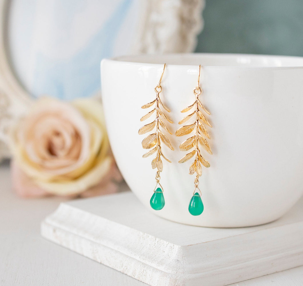 Gold Leaf Green Onyx Earrings, Branch Earrings, Emerald Green Teardrop Gemstone Dangle Earrings, May Birthstone, Birthday Gift for Women Her