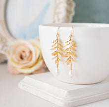 Load image into Gallery viewer, Gold Leaf Earrings, Branch Earrings with Cream White Teardrop Pearl, Bridal Earrings, Wedding Jewelry, Pearl Dangle Earrings, Gift for Women
