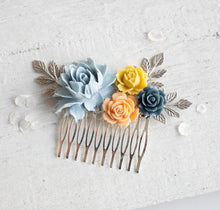 画像をギャラリービューアに読み込む, Navy Blue Mustard Yellow Peach Dusty Blue Silver Bridal Hair Comb, Barn Wedding Garden Wedding Country Wedding Hair Accessory, Rose Leaf
