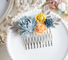 画像をギャラリービューアに読み込む, Navy Blue Mustard Yellow Peach Dusty Blue Silver Bridal Hair Comb, Barn Wedding Garden Wedding Country Wedding Hair Accessory, Rose Leaf
