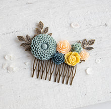 Load image into Gallery viewer, Chrysanthemum Rose Peony Flowers Hair Comb, Dusty Blue Navy Blue Peach Mustard Yellow Wedding Bridal Hair Accessory, Antiqued gold leaf comb
