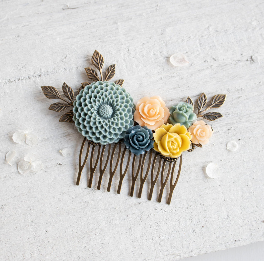 Chrysanthemum Rose Peony Flowers Hair Comb, Dusty Blue Navy Blue Peach Mustard Yellow Wedding Bridal Hair Accessory, Antiqued gold leaf comb