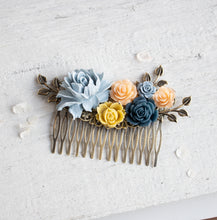 Load image into Gallery viewer, French Country Chic Hair Accessory, Dusty Blue Mustard Yellow Peony Peach Navy Blue Rose Floral Collage Hair Comb, Bridal Gift for Her
