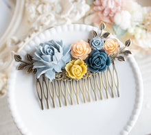 Load image into Gallery viewer, French Country Chic Hair Accessory, Dusty Blue Mustard Yellow Peony Peach Navy Blue Rose Floral Collage Hair Comb, Bridal Gift for Her
