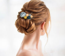 Load image into Gallery viewer, French Country Chic Hair Accessory, Dusty Blue Mustard Yellow Peony Peach Navy Blue Rose Floral Collage Hair Comb, Bridal Gift for Her
