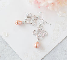 Load image into Gallery viewer, Peach Pearl Silver Dangle Earrings, Peach Wedding Jewelry, Bridesmaid Earrings, Silver Motif filigree Earrings, Gift for women mom daughter
